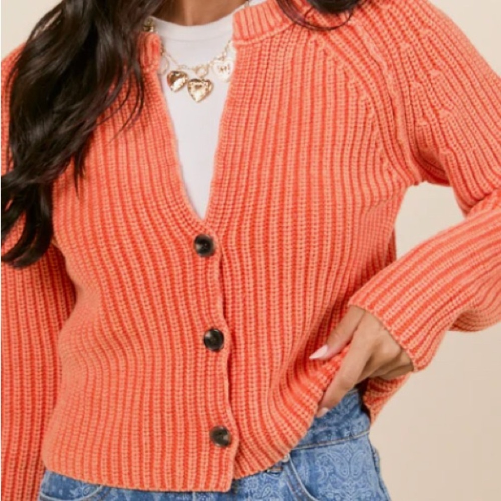 Orange /Coral Long Sleeve Washed/
Ribbed Button-Front Cardigan Sweater: Small